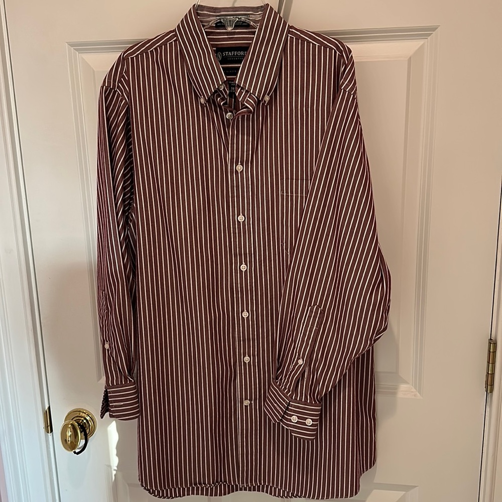 Men’s Stafford button down shirt size 16-32-33. burgundy & white striped.